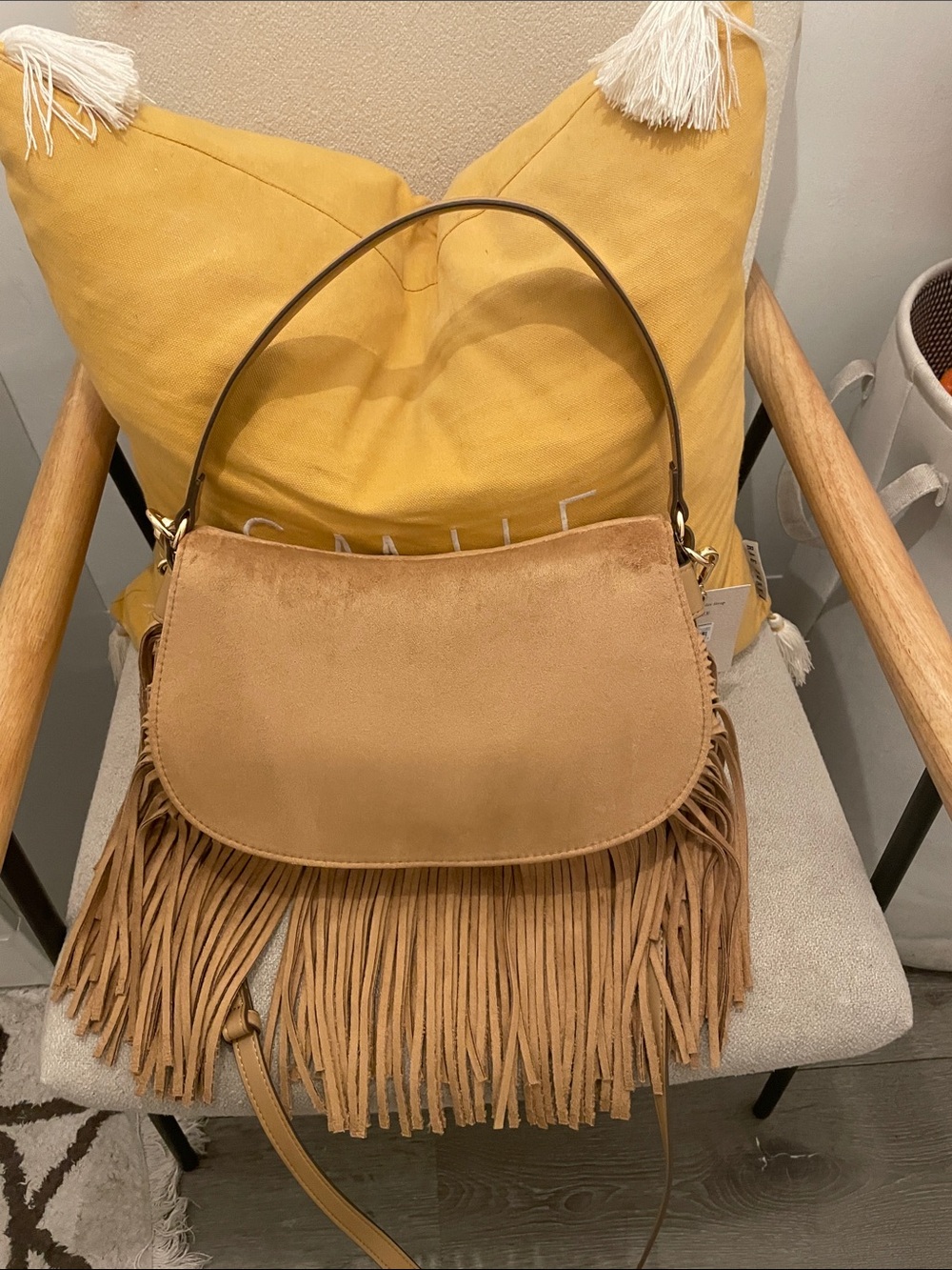 Suede Fringe Shoulder Bag - Tan